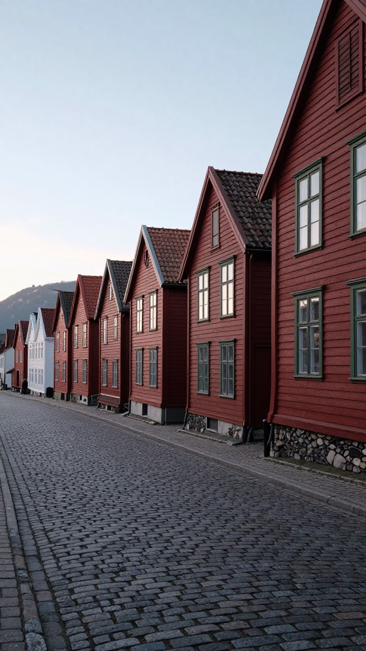 Late Morning Street Scene in Bergen Norway with Wooden Houses and Cobblestone Alleyway in in Bergen, Norway
