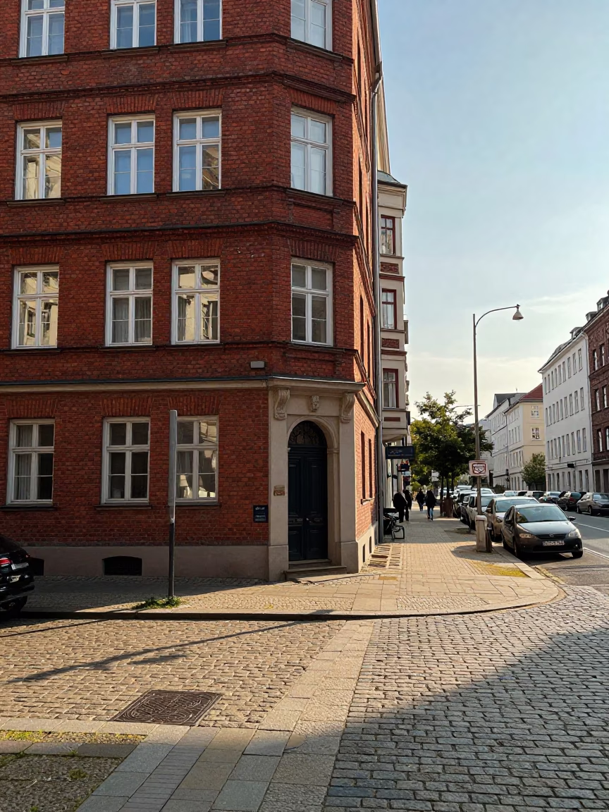 Late Morning Street Scene in Berlin Germany with Brick Architecture and Bicycle in in Berlin, Germany
