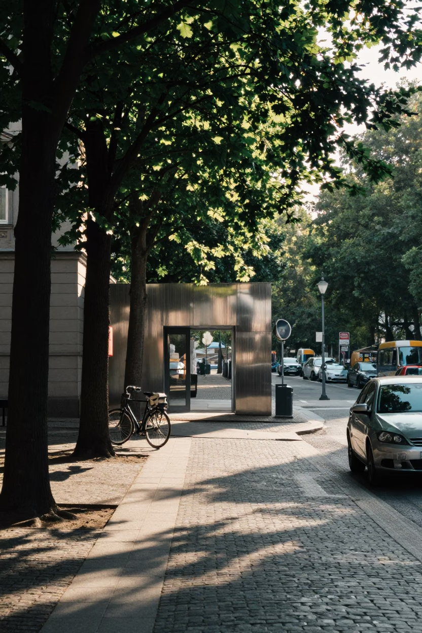 Late Morning Street Scene in Berlin Germany with Brushed Steel and Urban Details in in Berlin, Germany