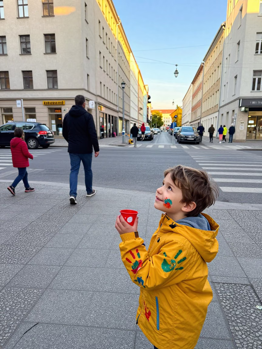 Late Morning Street Scene in Berlin Germany with Child and Preschool Easel in in Berlin, Germany