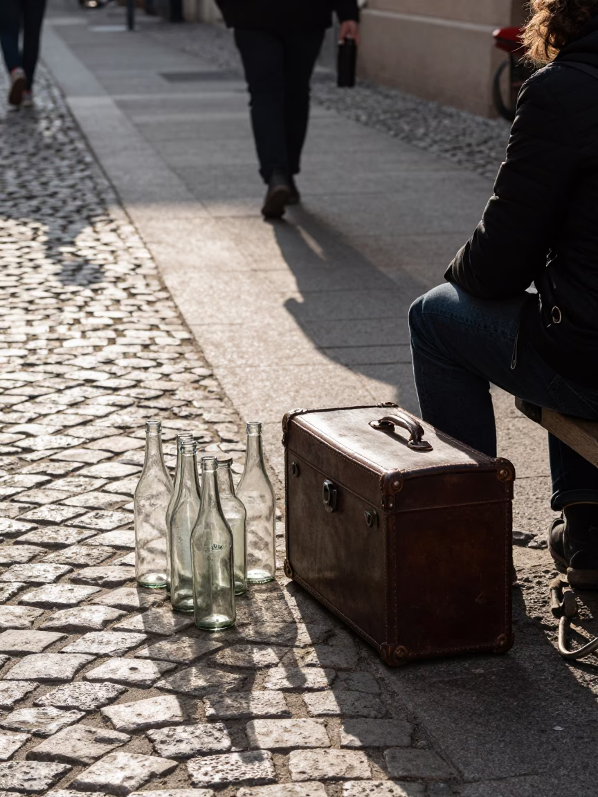 Late Morning Street Scene in Berlin Germany with Glass Bottles and Hatbox in in Berlin, Germany