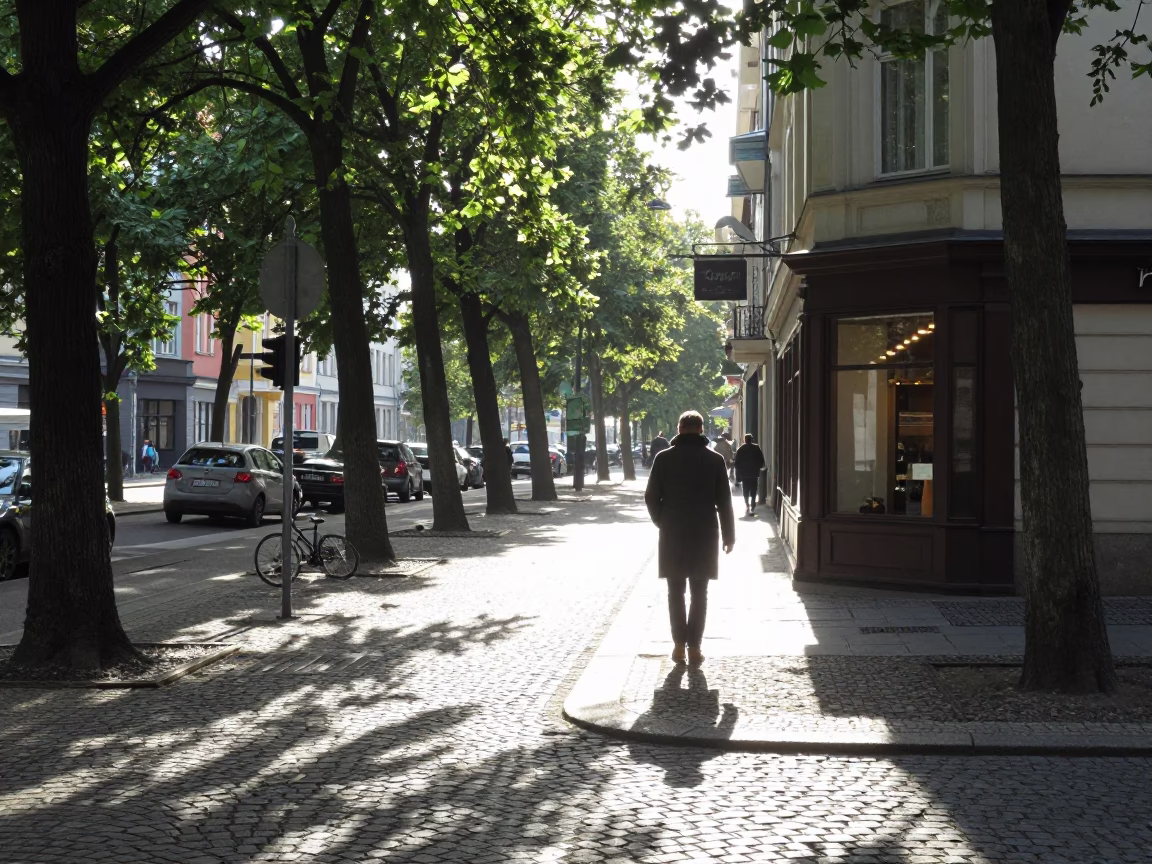 Late Morning Street Scene in Berlin Germany with Sunlight and Urban Details in in Berlin, Germany