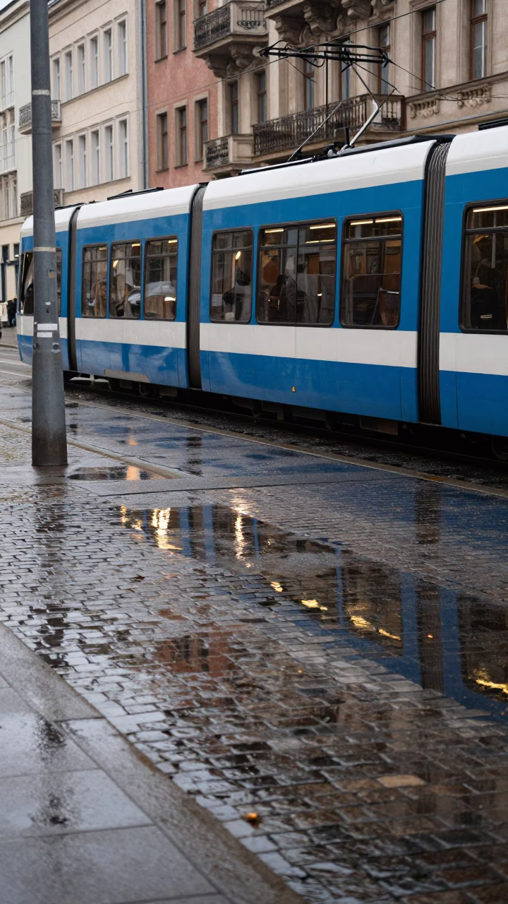Late Morning Street Scene in Berlin Germany with Tram Reflection and Cobblestone Rain Details in in Berlin, Germany