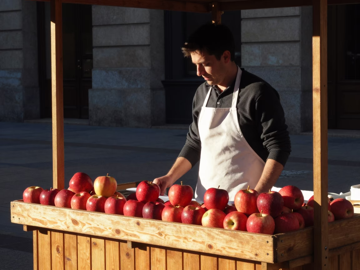Late Morning Street Scene in Bilbao Spain with Apron and Apples in in Bilbao, Spain