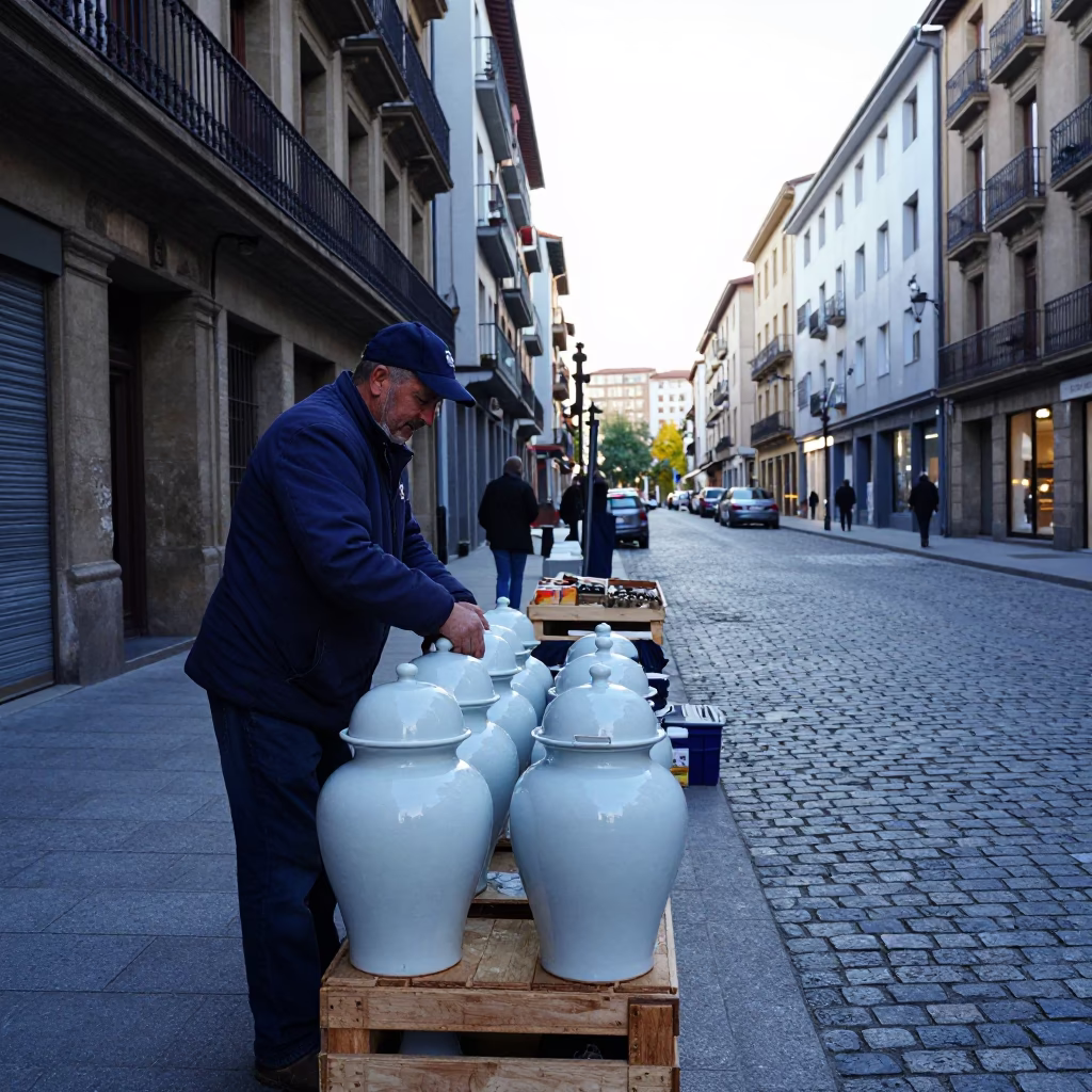 Late Morning Street Scene in Bilbao Spain with Blue and White Porcelain Jar in in Bilbao, Spain