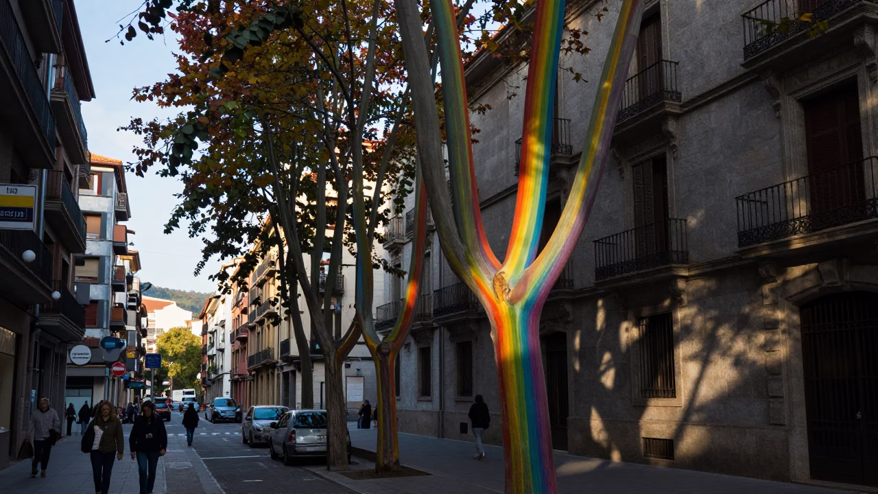 Late Morning Street Scene in Bilbao Spain with Colorful Rainbow Eucalyptus and Local Architecture in in Bilbao, Spain