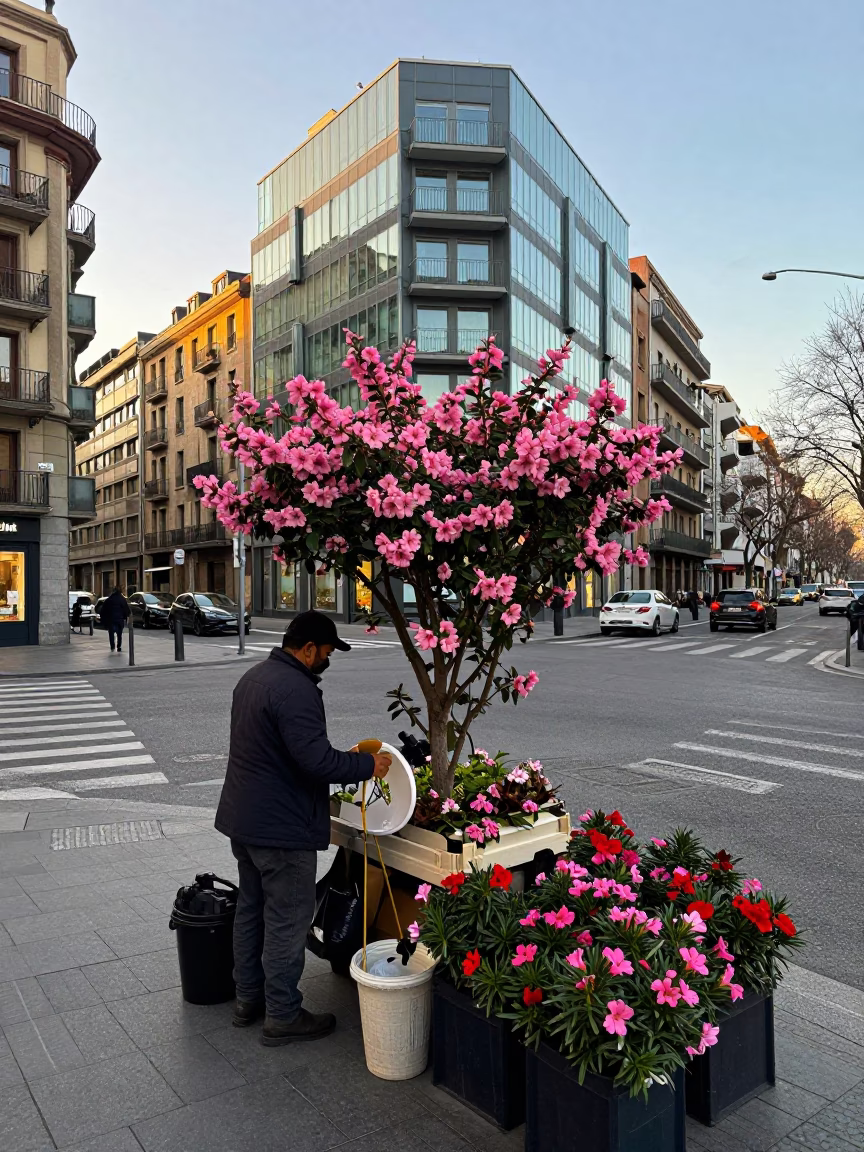 Late Morning Street Scene in Bilbao Spain with Flowering Plant and Tongs in in Bilbao, Spain