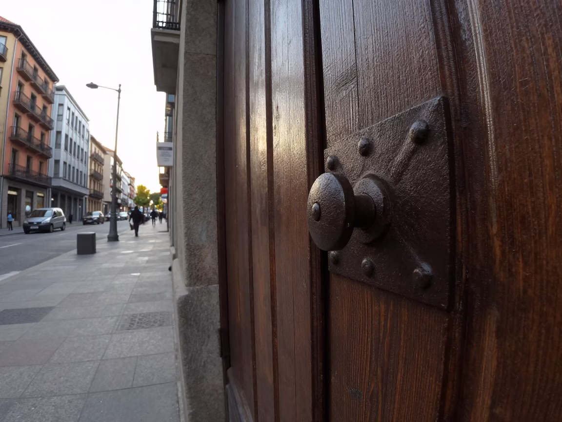 Late Morning Street Scene in Bilbao Spain with Iron Deadbolt and Urban Details in in Bilbao, Spain