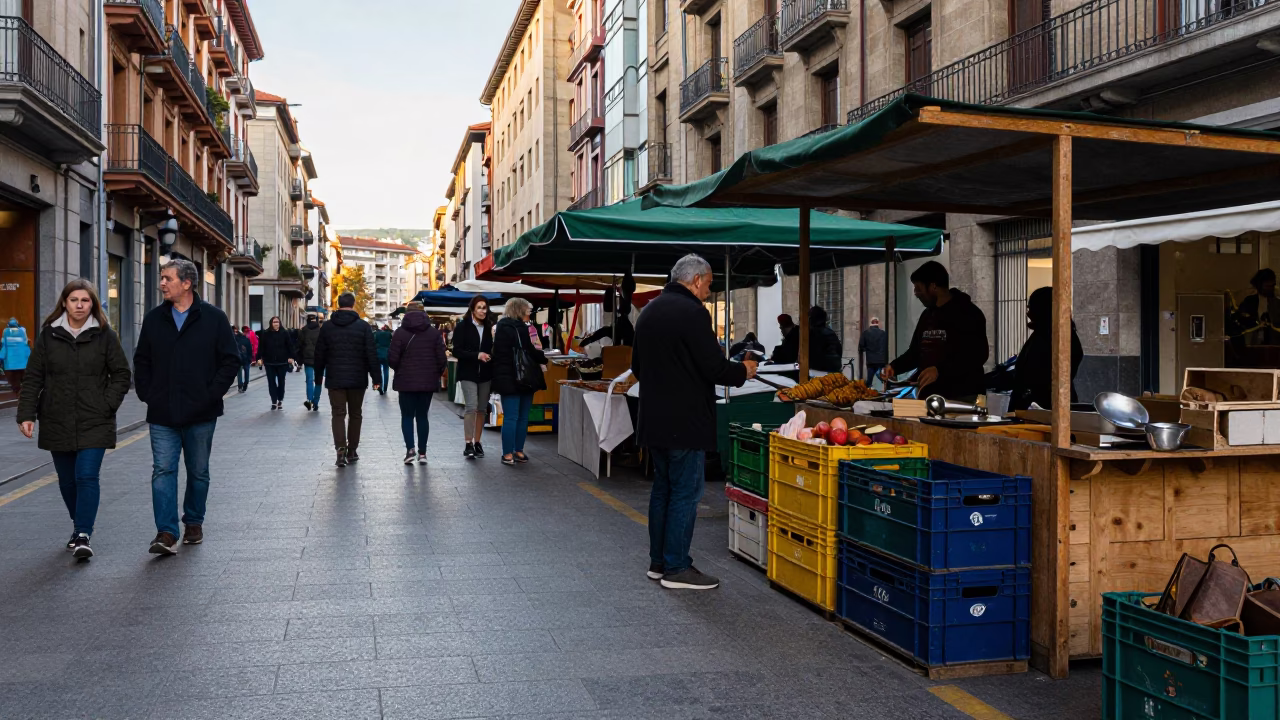 Late Morning Street Scene in Bilbao Spain with Local Market Activity in in Bilbao, Spain