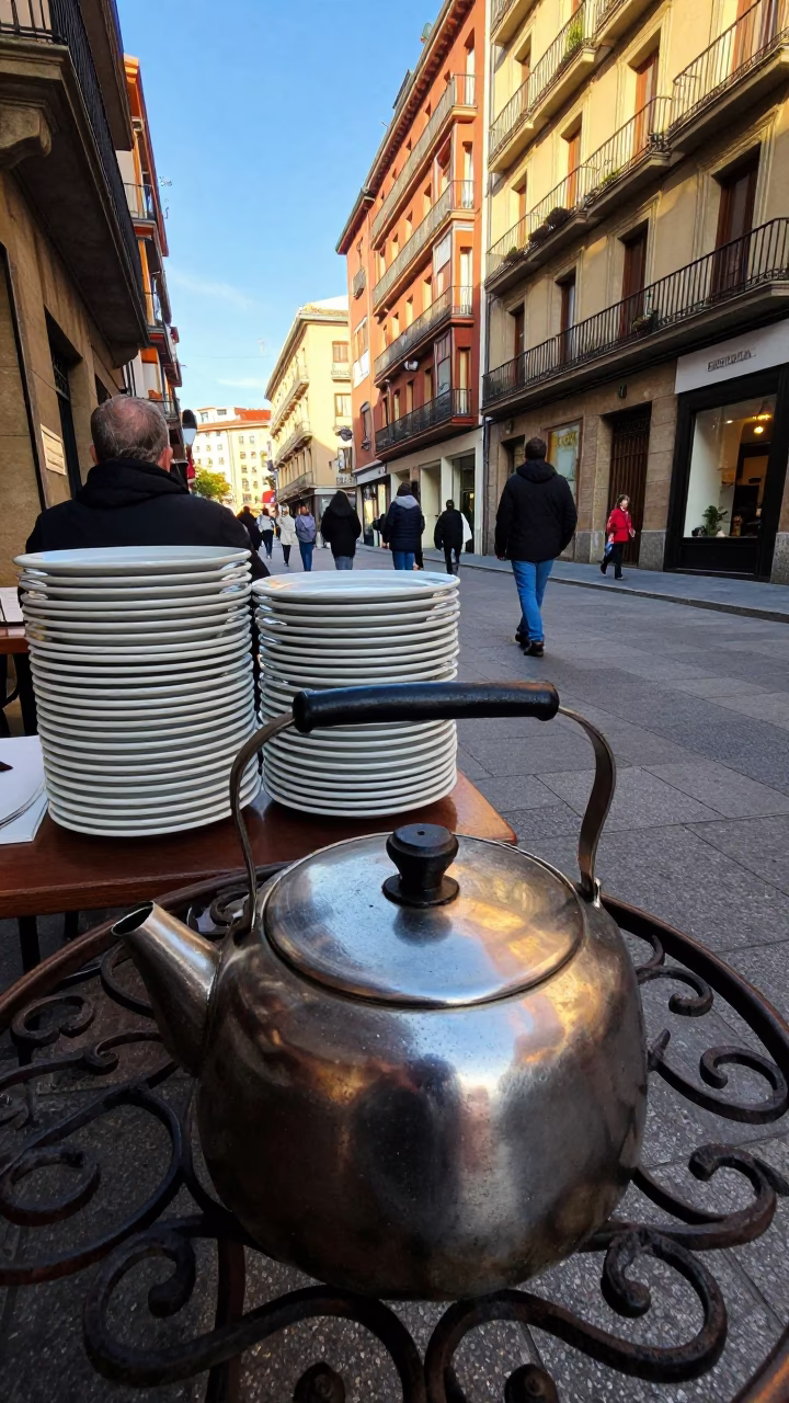 Late Morning Street Scene in Bilbao Spain with Stacked Plates and Steel Kettle Lid in in Bilbao, Spain