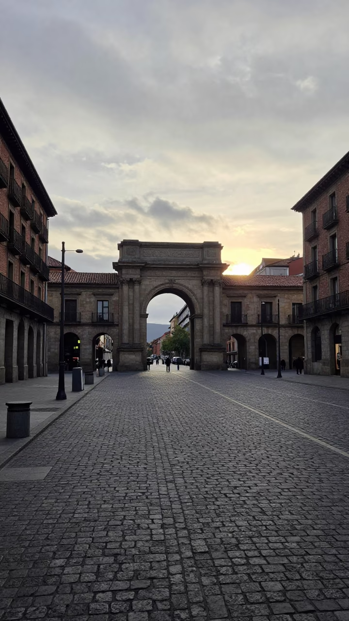 Late Morning Street Scene in Bilbao Spain with University Archway and Wet Bicycle Rack in in Bilbao, Spain