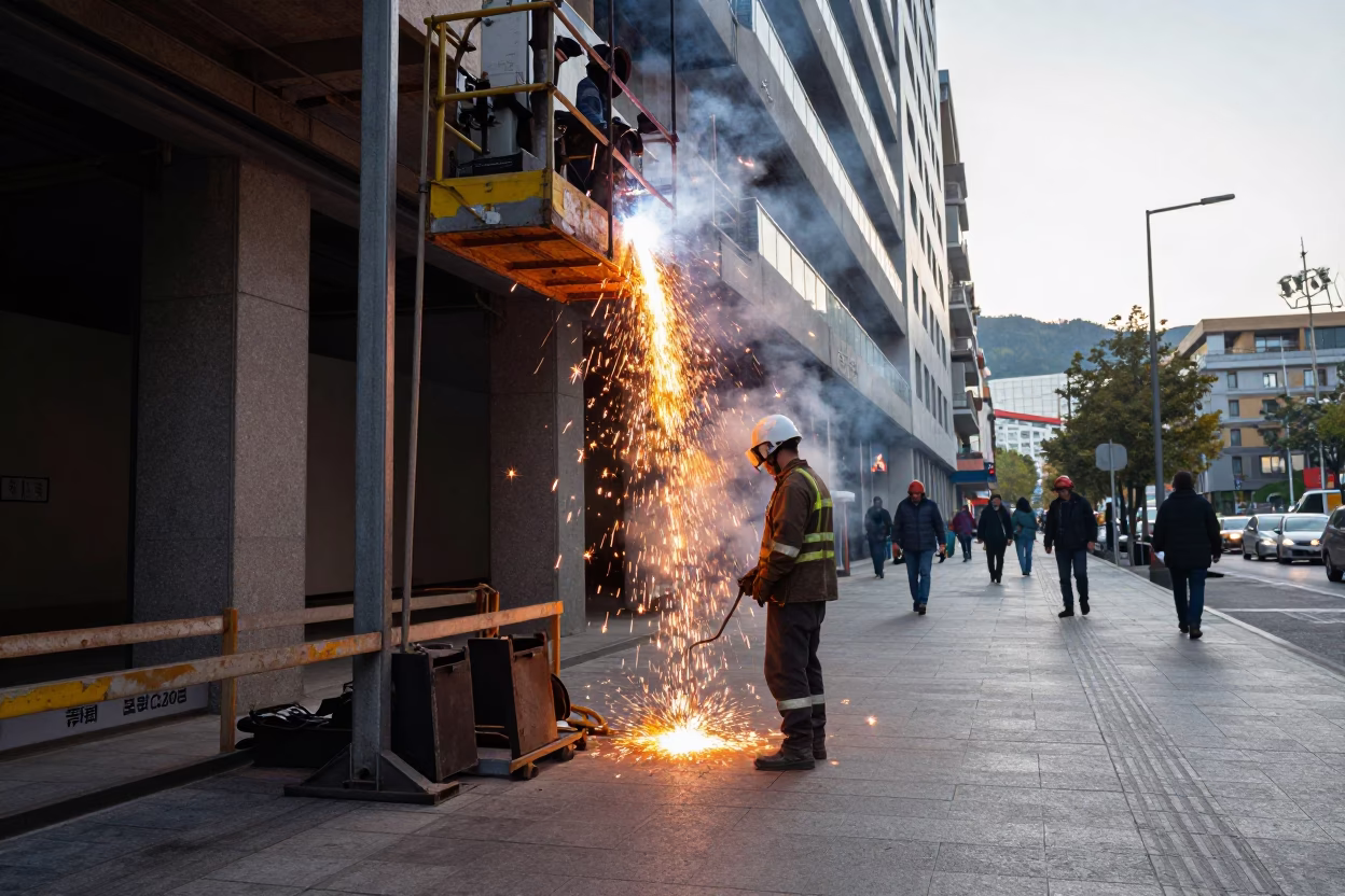 Late Morning Street Scene in Bilbao Spain with Welding Sparks Under Bridge Construction in in Bilbao, Spain