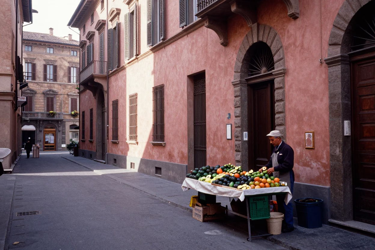 Late morning street scene in Bologna Italy featuring avocados and traditional architecture in in Bologna, Italy