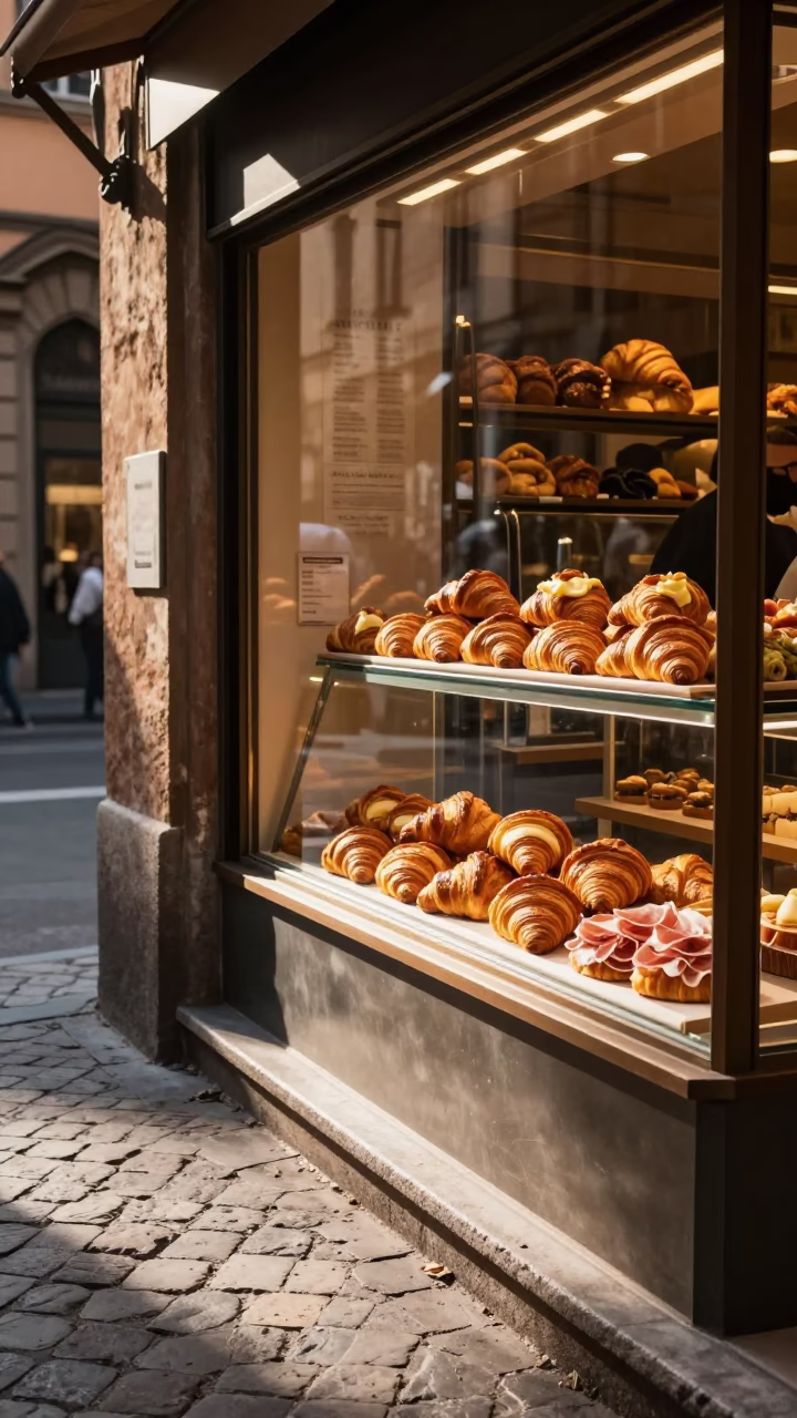 Late Morning Street Scene in Bologna Italy with Fresh Croissants and Local Bakery Display in in Bologna, Italy
