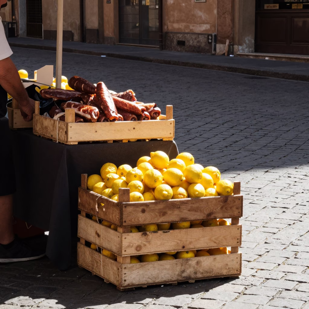 Late Morning Street Scene in Bologna Italy with Fruit Crate and Linen Runner in in Bologna, Italy