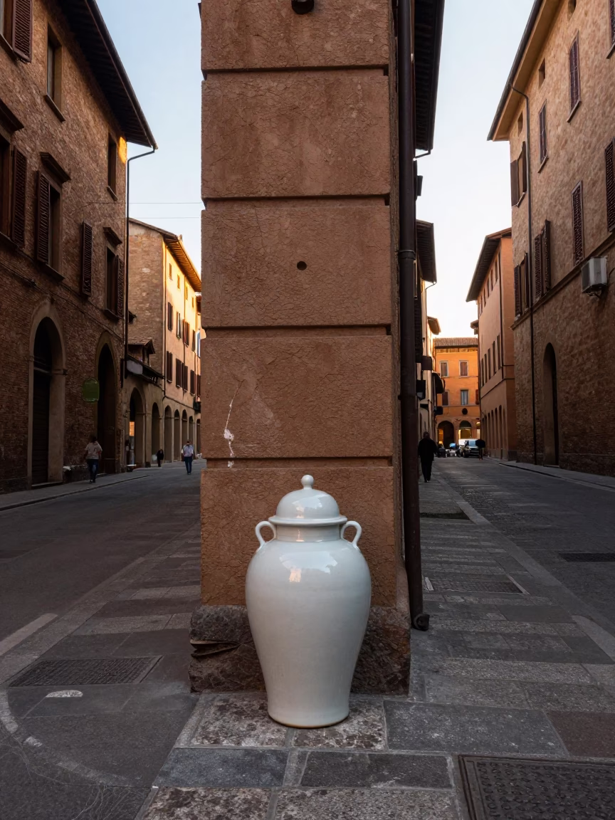 Late Morning Street Scene in Bologna Italy with Porcelain Jar and Local Life in in Bologna, Italy