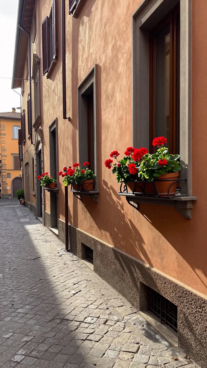Late Morning Street Scene in Bologna Italy with Potted Geraniums and Wicker Basket in in Bologna, Italy