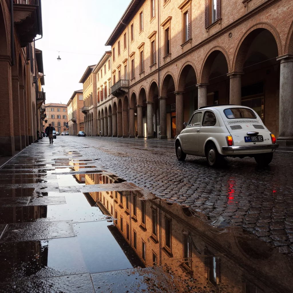 Late Morning Street Scene in Bologna Italy with Puddle Reflections and Local Architecture in in Bologna, Italy