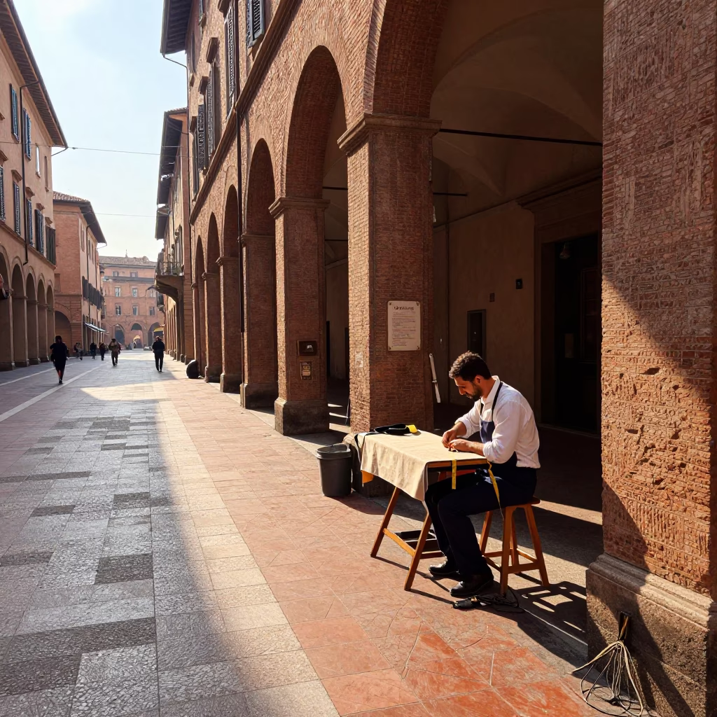 Late Morning Street Scene in Bologna Italy with Tailor Shears and Hanging Plant in in Bologna, Italy