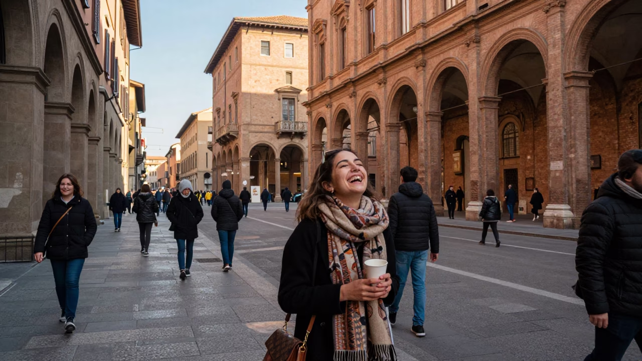 Late morning street scene in Bologna Italy with tourists and historic porticoes in in Bologna, Italy