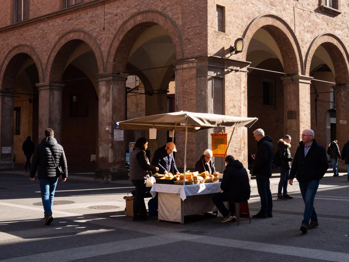 Late Morning Street Scene in Bologna Italy with Traditional Food and Garden Tools in in Bologna, Italy
