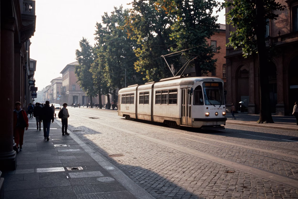 Late Morning Street Scene in Bologna Italy with Tramcar and Olive Dish in in Bologna, Italy