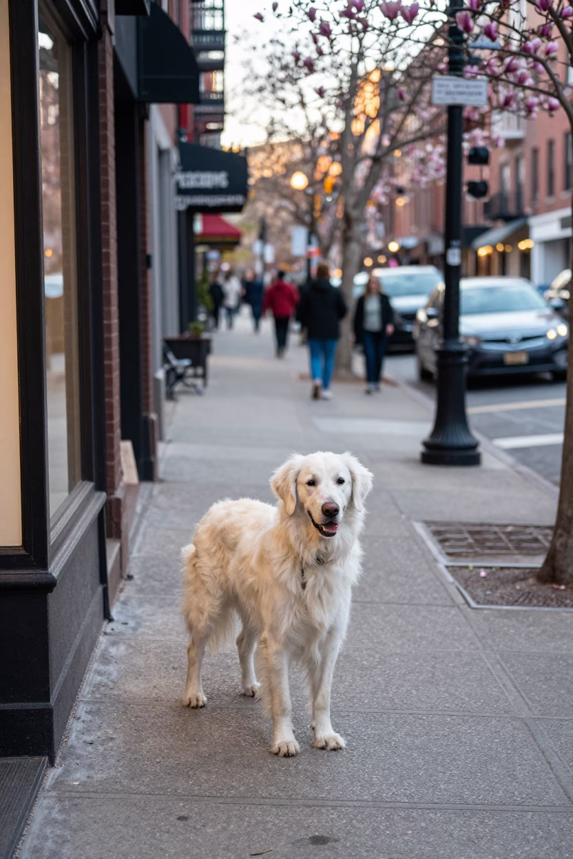 Late Morning Street Scene in Boston Massachusetts with Dog and Magnolia Bloom in in Boston, Massachusetts, United States