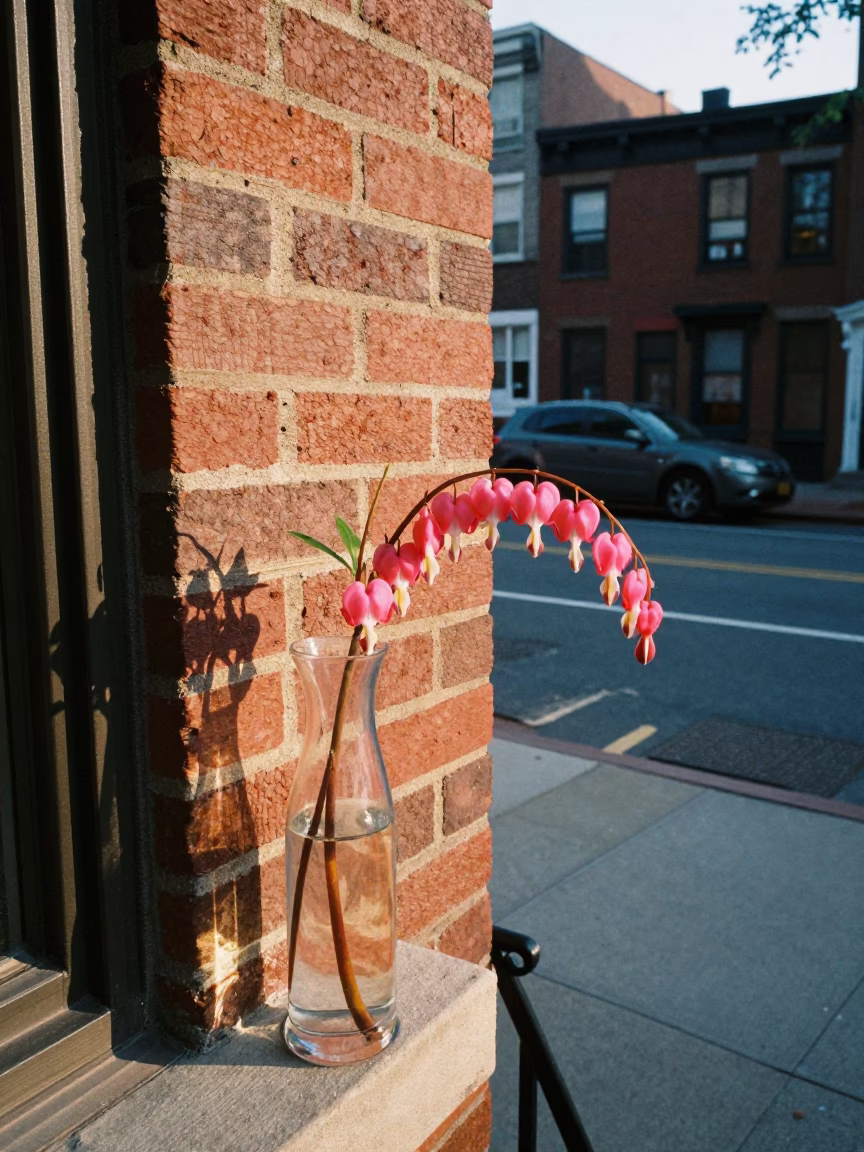 Late Morning Street Scene in Boston Massachusetts with Glass Vase and Bleeding Heart Vine in in Boston, Massachusetts, United States