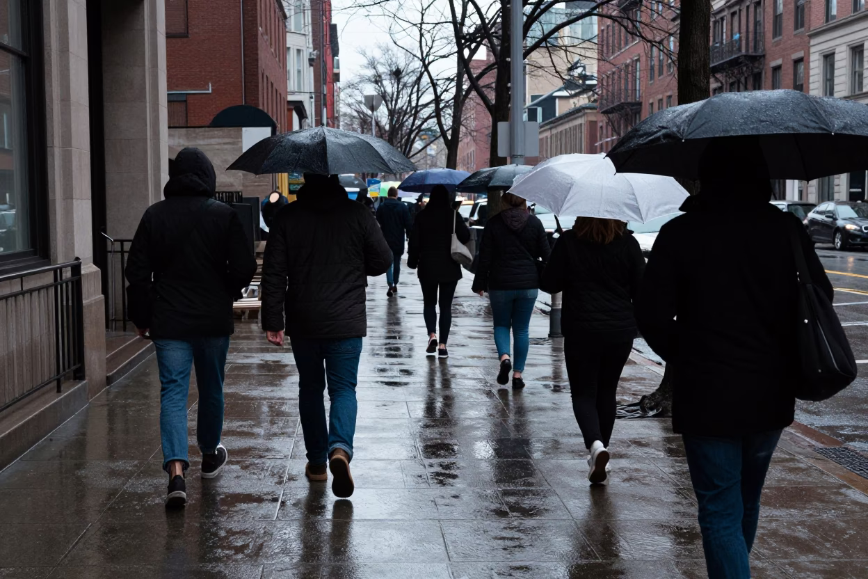 Late Morning Street Scene in Boston Massachusetts with Umbrella and Commuters in in Boston, Massachusetts, United States