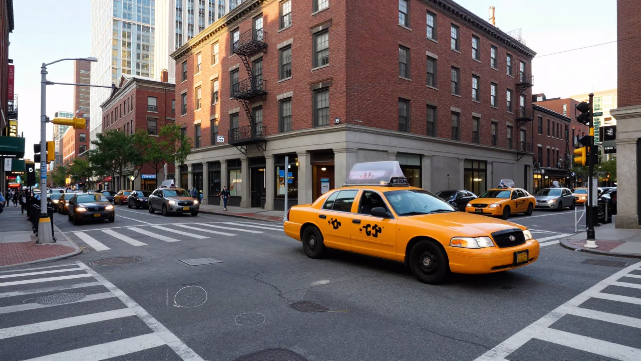 Late Morning Street Scene in Boston Massachusetts with Yellow Taxi and Commuters in in Boston, Massachusetts, United States