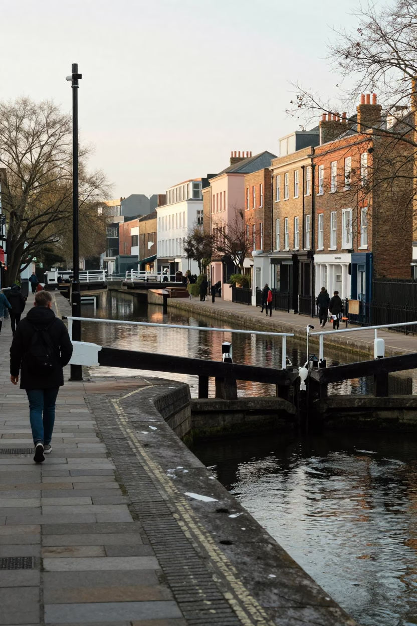 Late Morning Street Scene in Bristol UK with Canal Lock Gate and Local Activity in in Bristol, United Kingdom