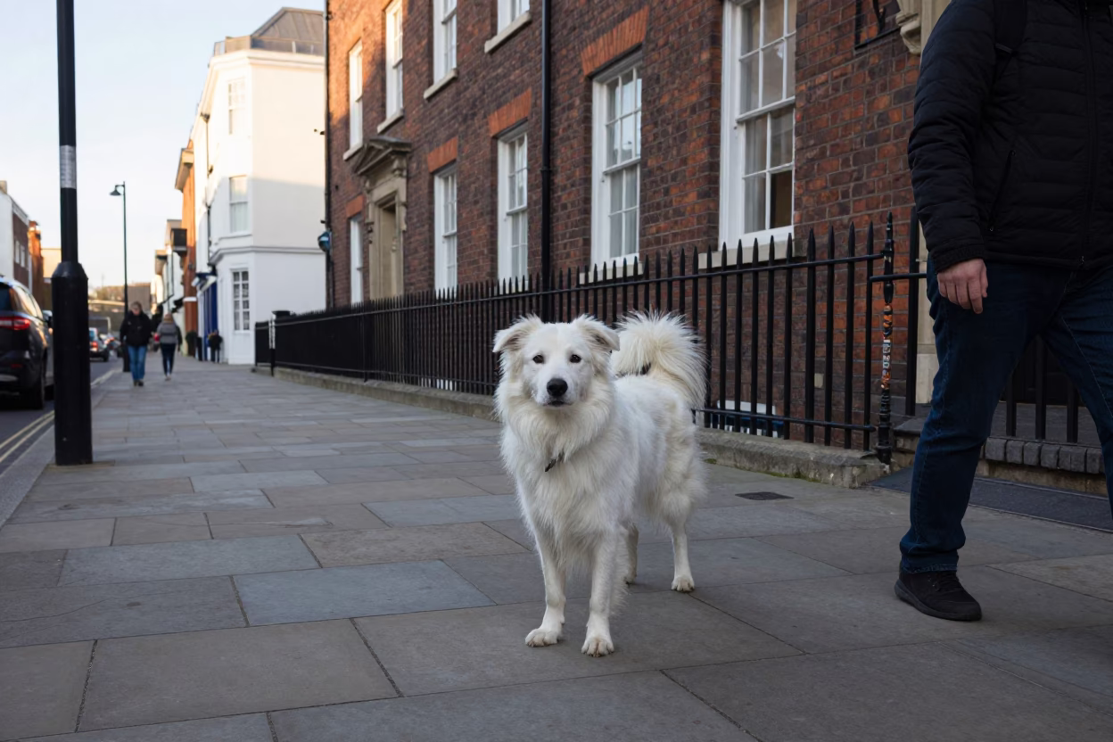 Late Morning Street Scene in Bristol UK with Collie Dog and Urban Architecture in in Bristol, United Kingdom