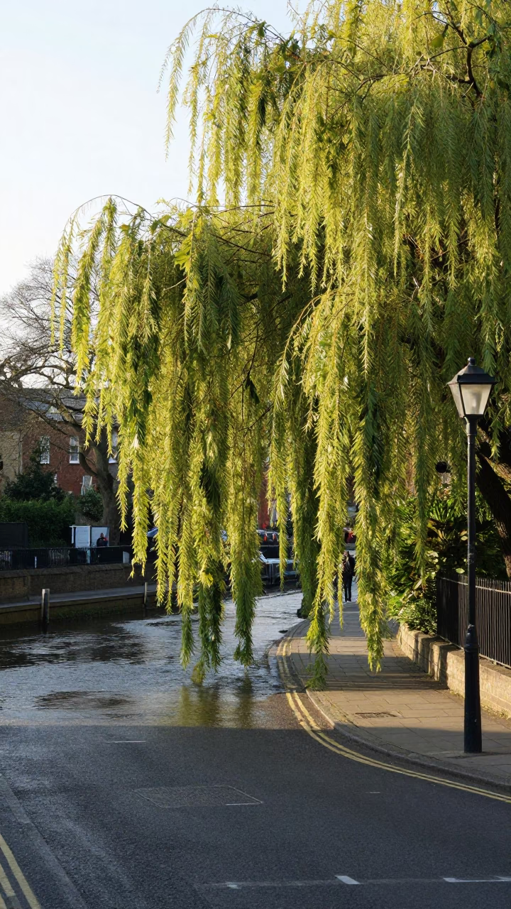 Late Morning Street Scene in Bristol UK with Weeping Willow and River in in Bristol, United Kingdom
