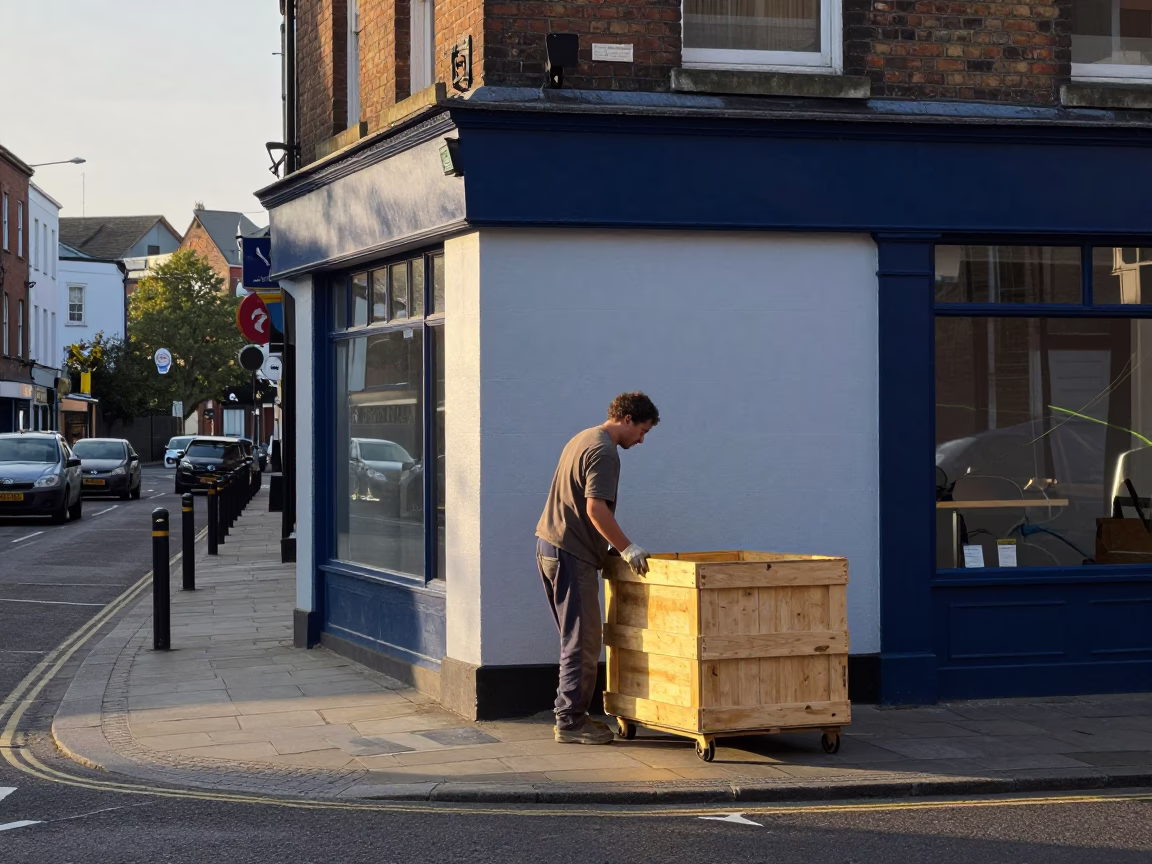 Late Morning Street Scene in Bristol United Kingdom with Worker and Painted Crate in in Bristol, United Kingdom