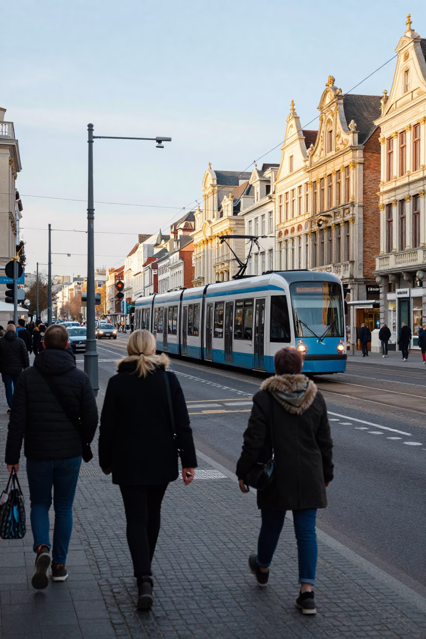 Late Morning Street Scene in Brussels Belgium with Commuter Train and Watering Jug in in Brussels, Belgium