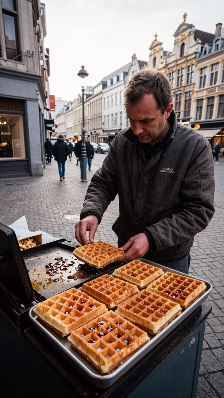 Late Morning Street Scene in Brussels Belgium with Traditional Stroopwafels in in Brussels, Belgium