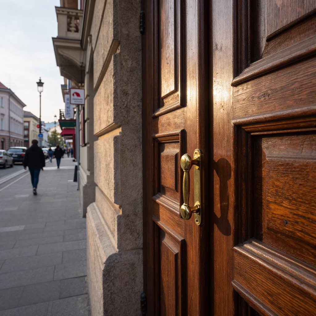 Late Morning Street Scene in Budapest Hungary with Brass Handle Detail in in Budapest, Hungary