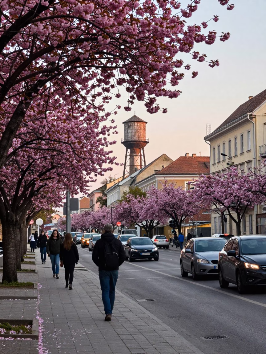 Late Morning Street Scene in Budapest Hungary with Cherry Blossoms and Water Tower in in Budapest, Hungary