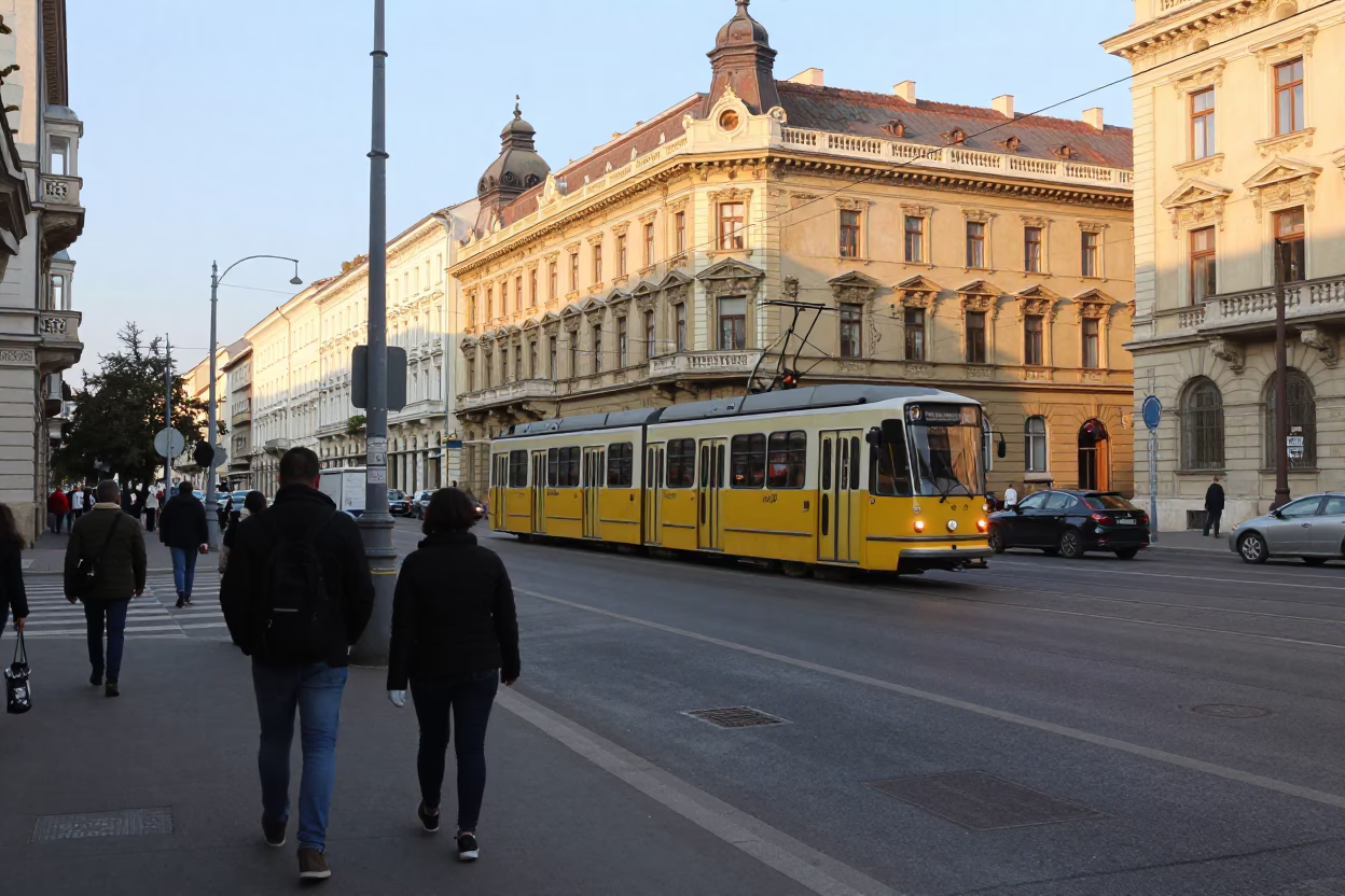 Late Morning Street Scene in Budapest Hungary with Local Transit and Urban Details in in Budapest, Hungary