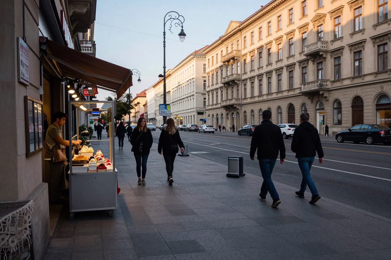 Late Morning Street Scene in Budapest with Gelato Display and Urban Details in in Budapest, Hungary