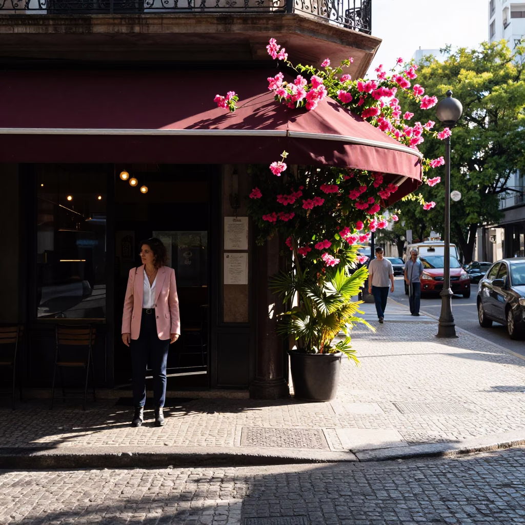 Late Morning Street Scene in Buenos Aires Argentina with Flowering Plant in in Buenos Aires, Argentina
