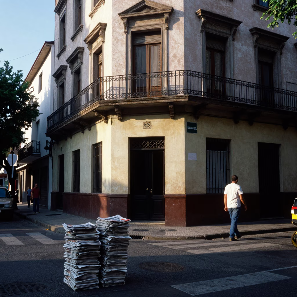 Late Morning Street Scene in Buenos Aires Argentina with Newspaper Stack and Paint Flecks in in Buenos Aires, Argentina