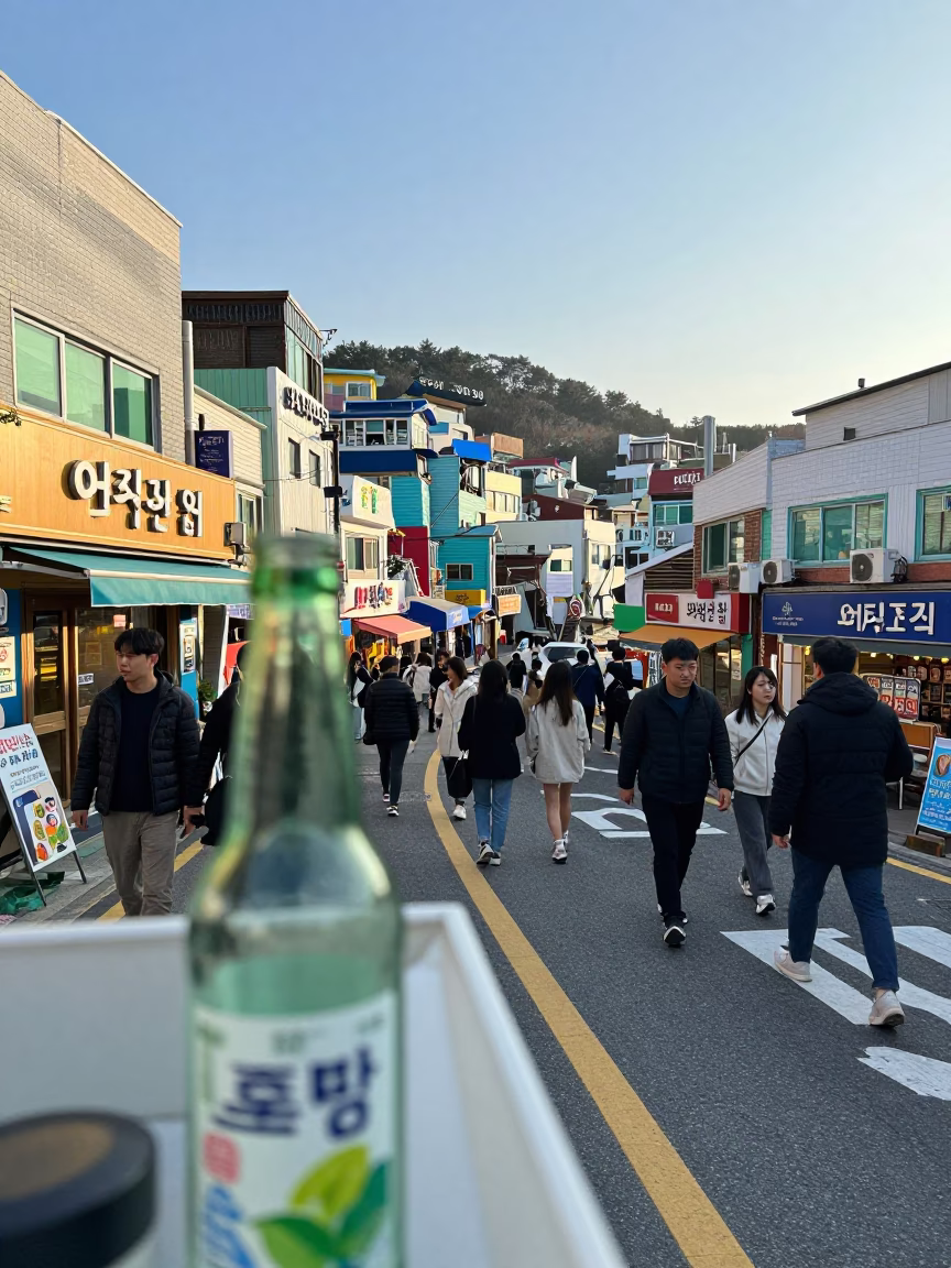 Late Morning Street Scene in Busan South Korea with Glass Bottle and Padlock in in Busan, South Korea
