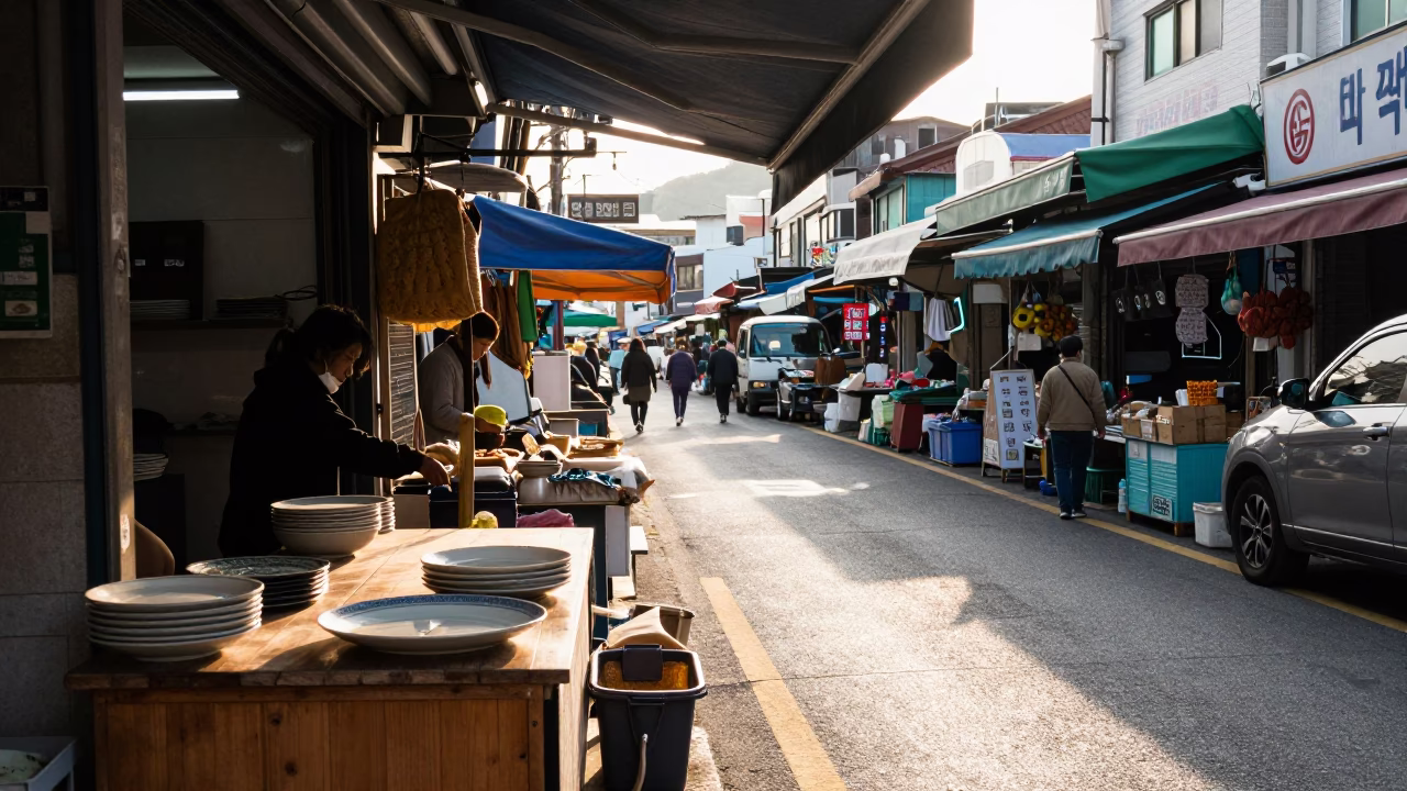Late Morning Street Scene in Busan South Korea with Local Market Details in in Busan, South Korea