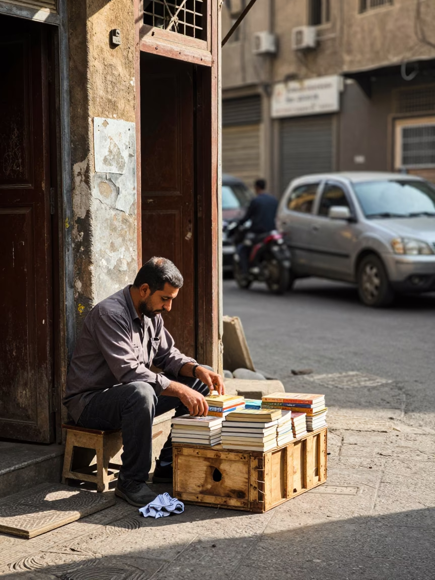 Late Morning Street Scene in Cairo Egypt with Books and Handkerchief on Busy Sidewalk in in Cairo, Egypt