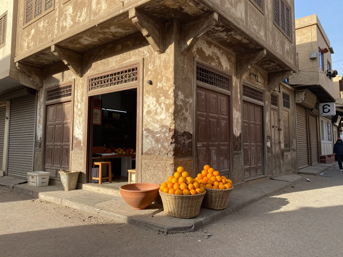 Late Morning Street Scene in Cairo Egypt with Terracotta Bowl and Oranges in in Cairo, Egypt