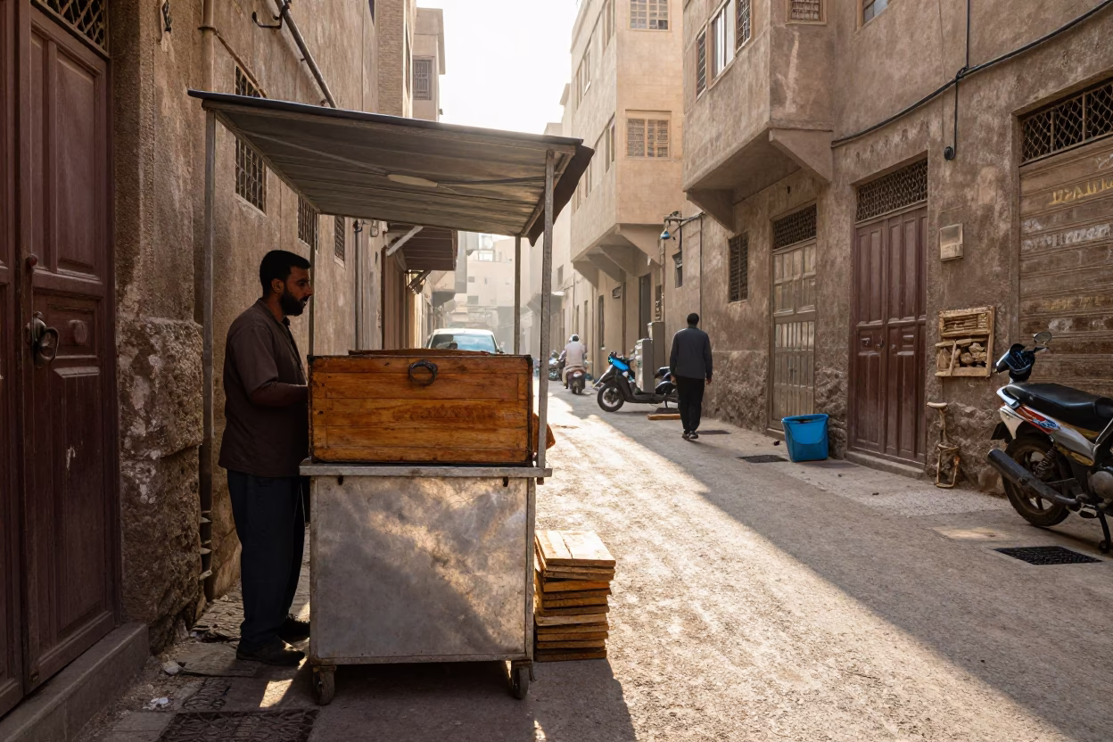 Late Morning Street Scene in Cairo Egypt with Traditional Breadbox and Copper Pots in in Cairo, Egypt