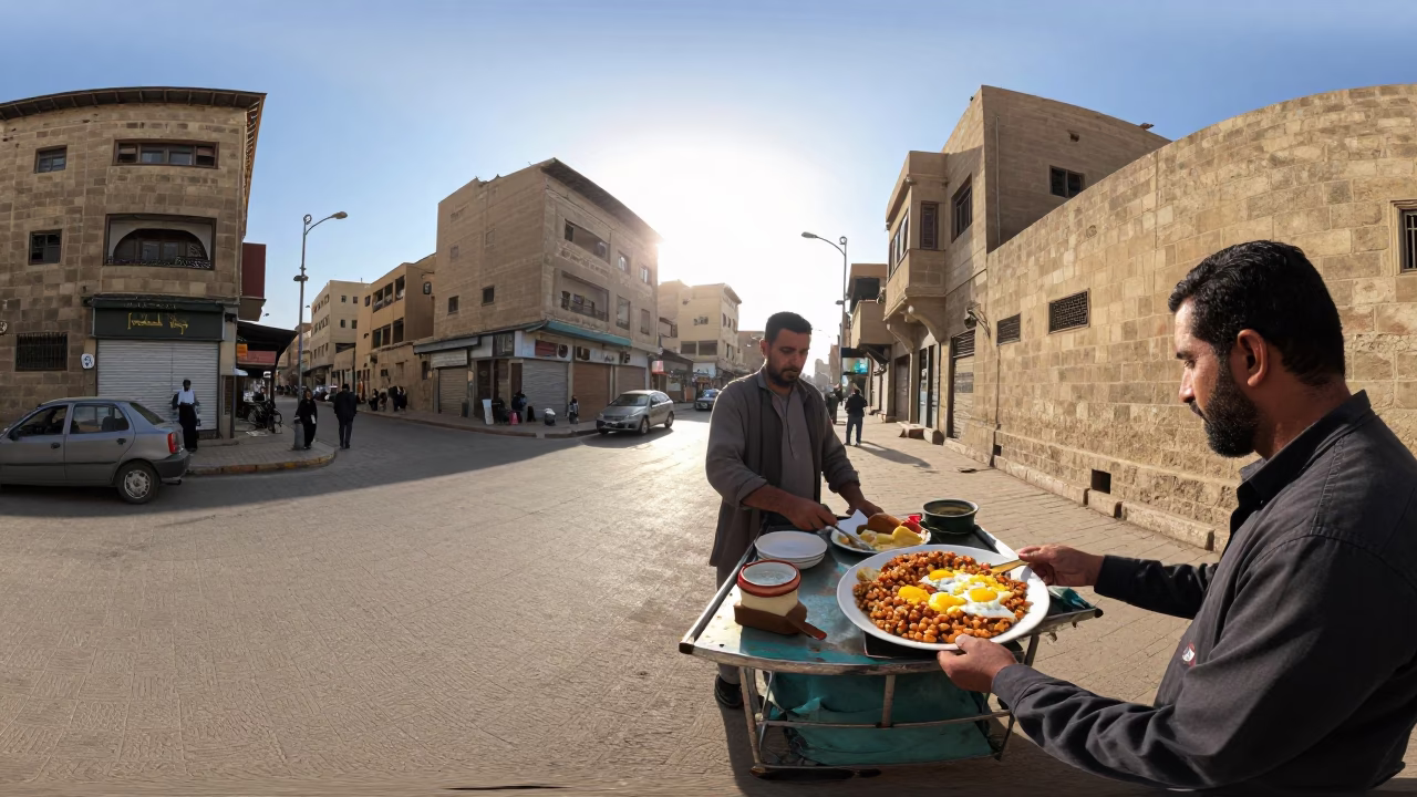 Late Morning Street Scene in Cairo Egypt with Traditional Breakfast Plate in in Cairo, Egypt