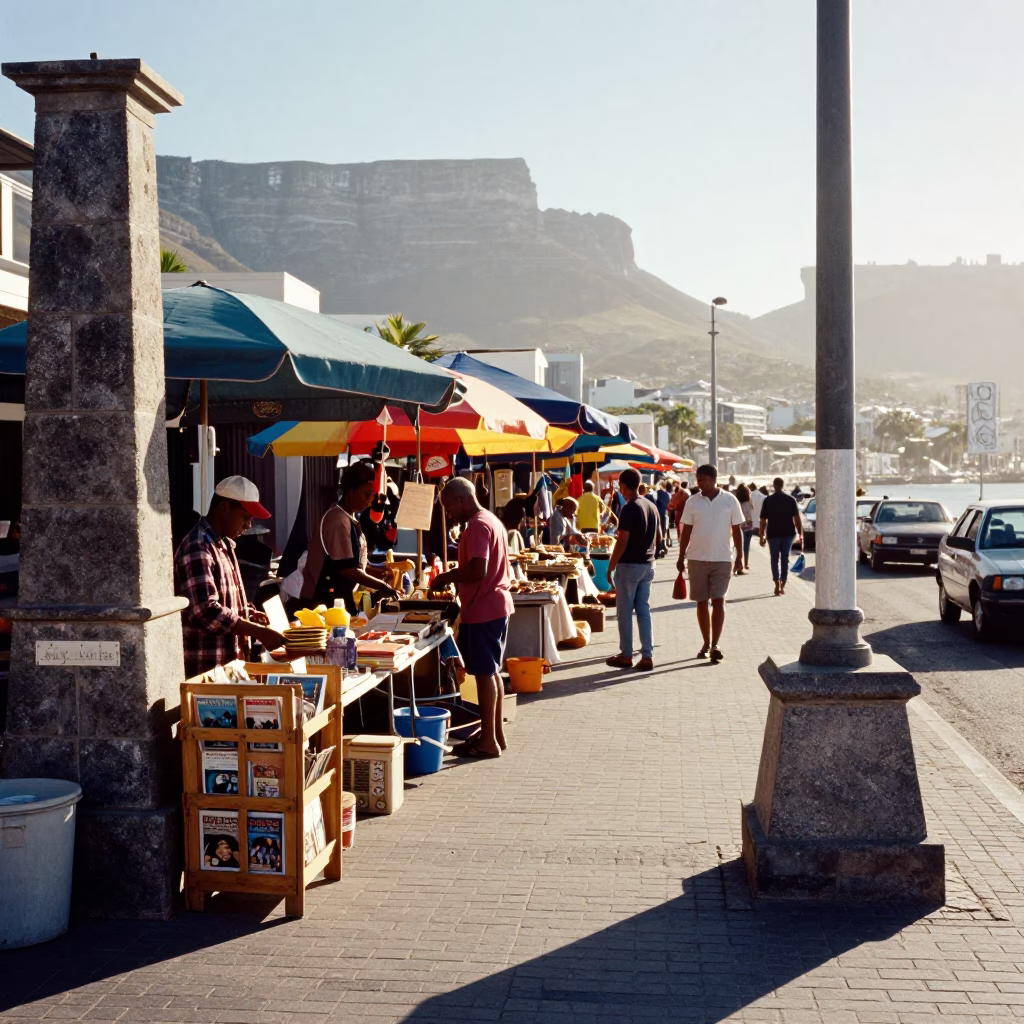 Late Morning Street Scene in Cape Town South Africa with Colorful Local Market Activity in in Cape Town, South Africa