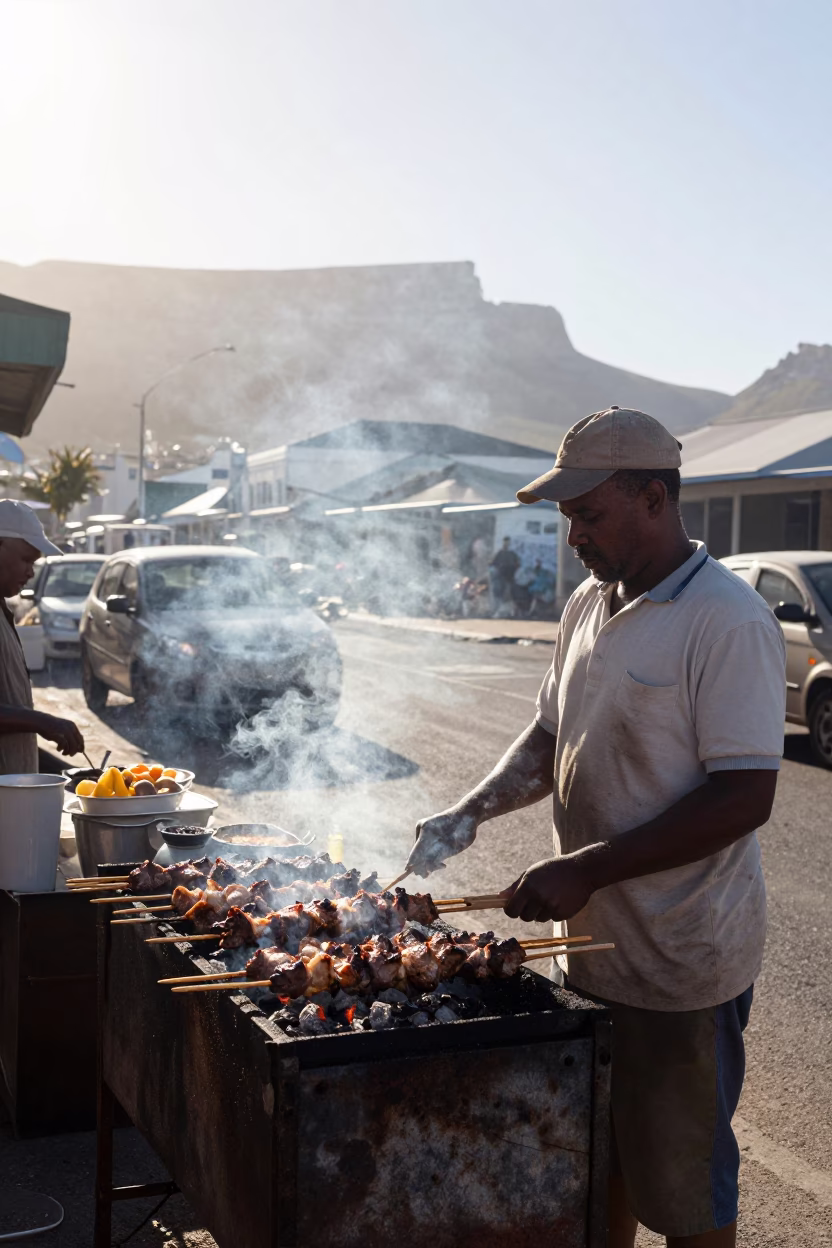 Late Morning Street Scene in Cape Town with Grilled Kebab and Black Russian Terrier in in Cape Town, South Africa